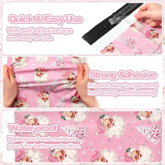 10 Count Pink Santa Claus Christmas Polymailers 10x13 Bags Self-Sealing - Picture 2 of 2